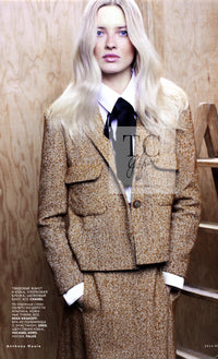 CHANEL 14PF Beige Brown Wool Cotton Tweed Jacket Skirt Suit 44 シャネル ベージュ ブラウン ウール コットン ツイード ジャケット スカート スーツ 即発
