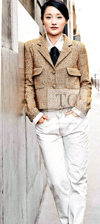 CHANEL 14PF Beige Brown Wool Cotton Tweed Jacket Skirt Suit 44 シャネル ベージュ ブラウン ウール コットン ツイード ジャケット スカート スーツ 即発