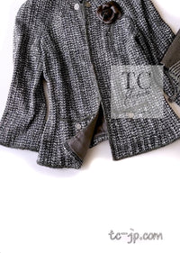 CHANEL 06S Gray Silver Metallic Trim Collarless Tweed Cardigan Jacket 34 シャネル グレー シルバー メタリック トリム 襟なし ツイード カーディガン ジャケット 即発
