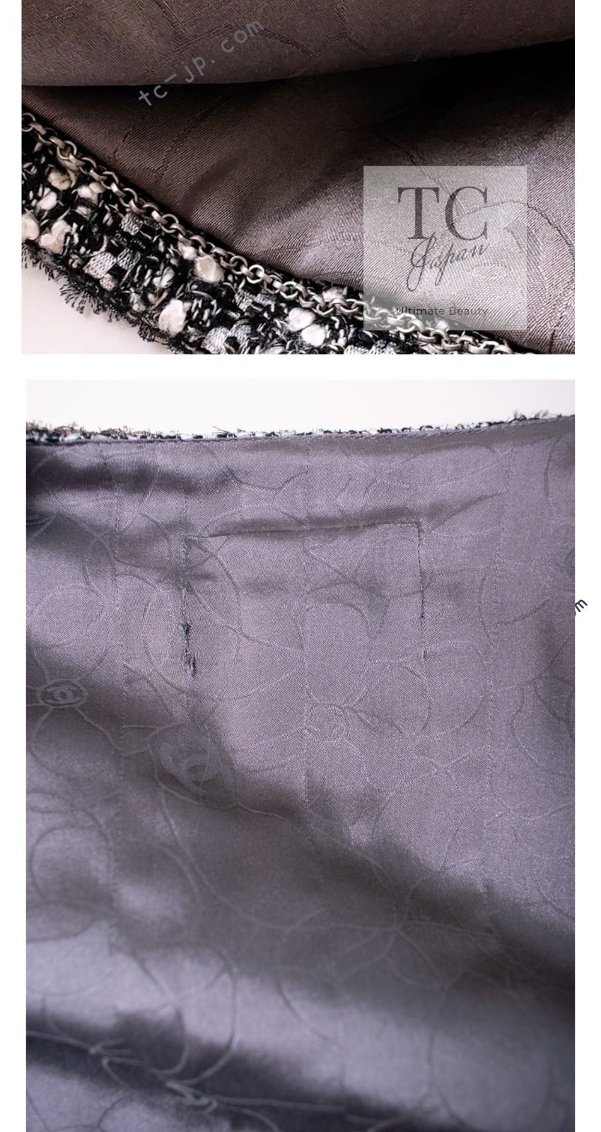CHANEL 06S Gray Silver Metallic Trim Collarless Tweed Cardigan Jacket 34 シャネル グレー シルバー メタリック トリム 襟なし ツイード カーディガン ジャケット 即発