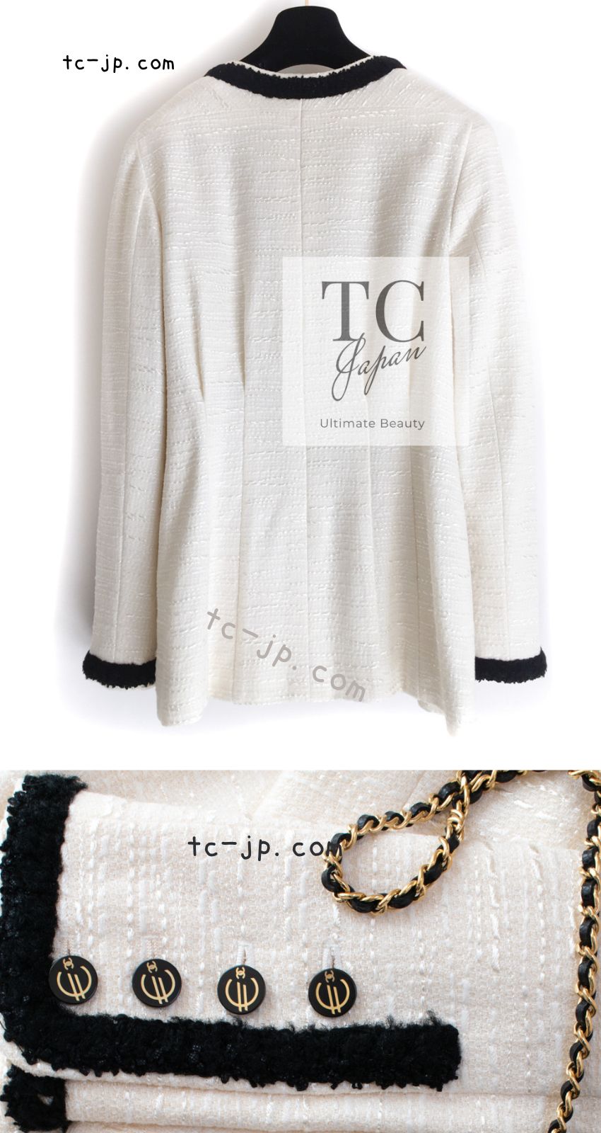 CHANEL 02S Ivory Black Trim Wool Tweed Zipper Coat Jacket 40 42 シャネル アイボリー ブラック トリム ウール ツイード ジッパー コート ジャケット 即発