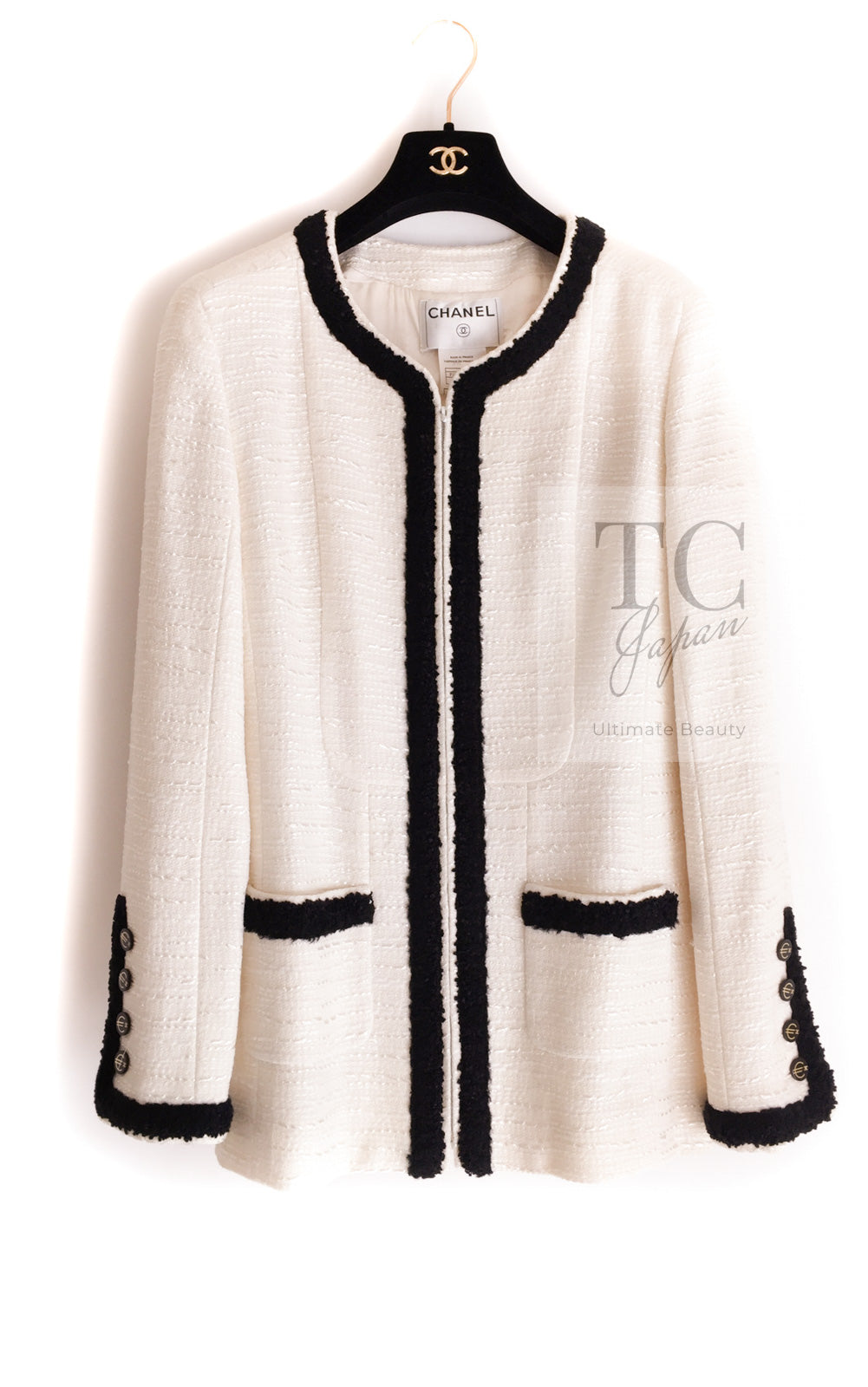 CHANEL 02S Ivory Black Trim Wool Tweed Zipper Coat Jacket 40 42 シャネル アイボリー ブラック トリム ウール ツイード ジッパー コート ジャケット 即発