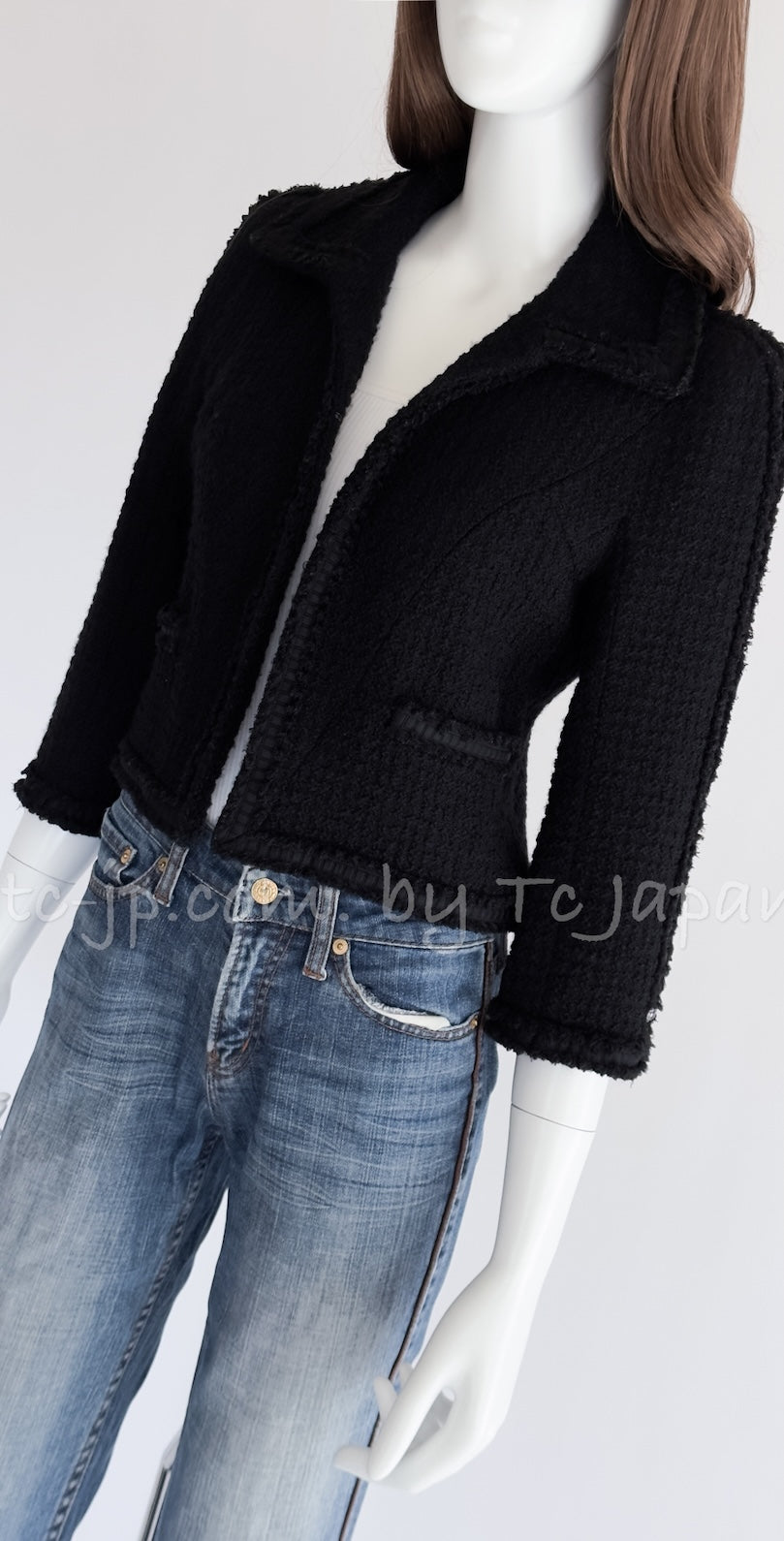 CHANEL 09A Black Wool Lion Buttons Tweed Jacket Tops Skirt Suit Set up Victoria Beckham 40 42 シャネル ブラック ウール ツイード ジャケット トップス スカート スーツ セットアップ 即発
