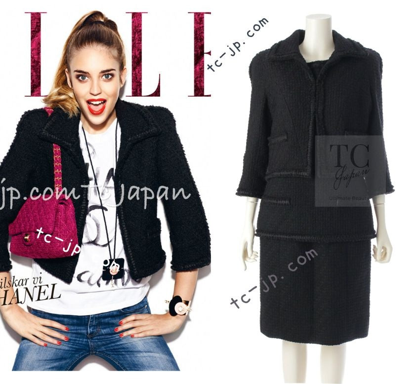 CHANEL 09A Black Wool Lion Buttons Tweed Jacket Tops Skirt Suit Set up Victoria Beckham 40 42 シャネル ブラック ウール ツイード ジャケット トップス スカート スーツ セットアップ 即発