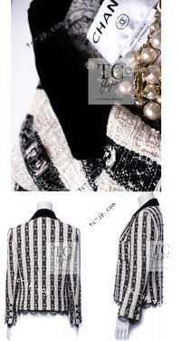 CHANEL 04A Black White Stripe Cotton Tweed Lace Jacket 38 シャネル ブラックストライプ コットン ツイード レース ジャケット 即発