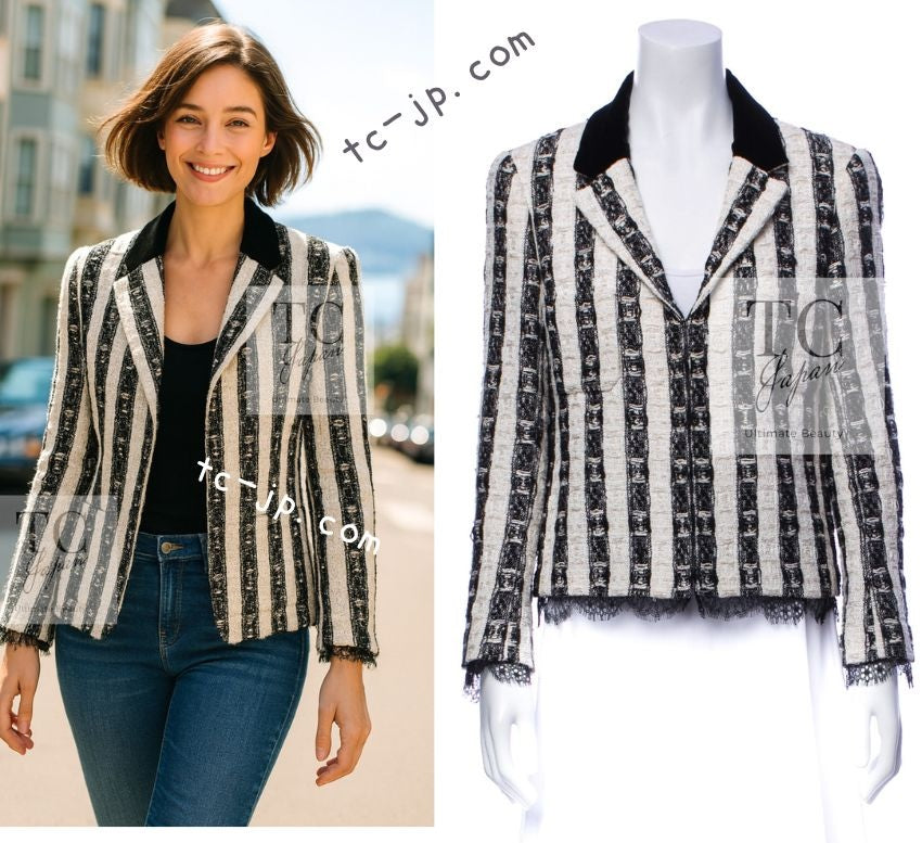 CHANEL 04A Black White Stripe Cotton Tweed Lace Jacket 38 シャネル ブラックストライプ コットン ツイード レース ジャケット 即発