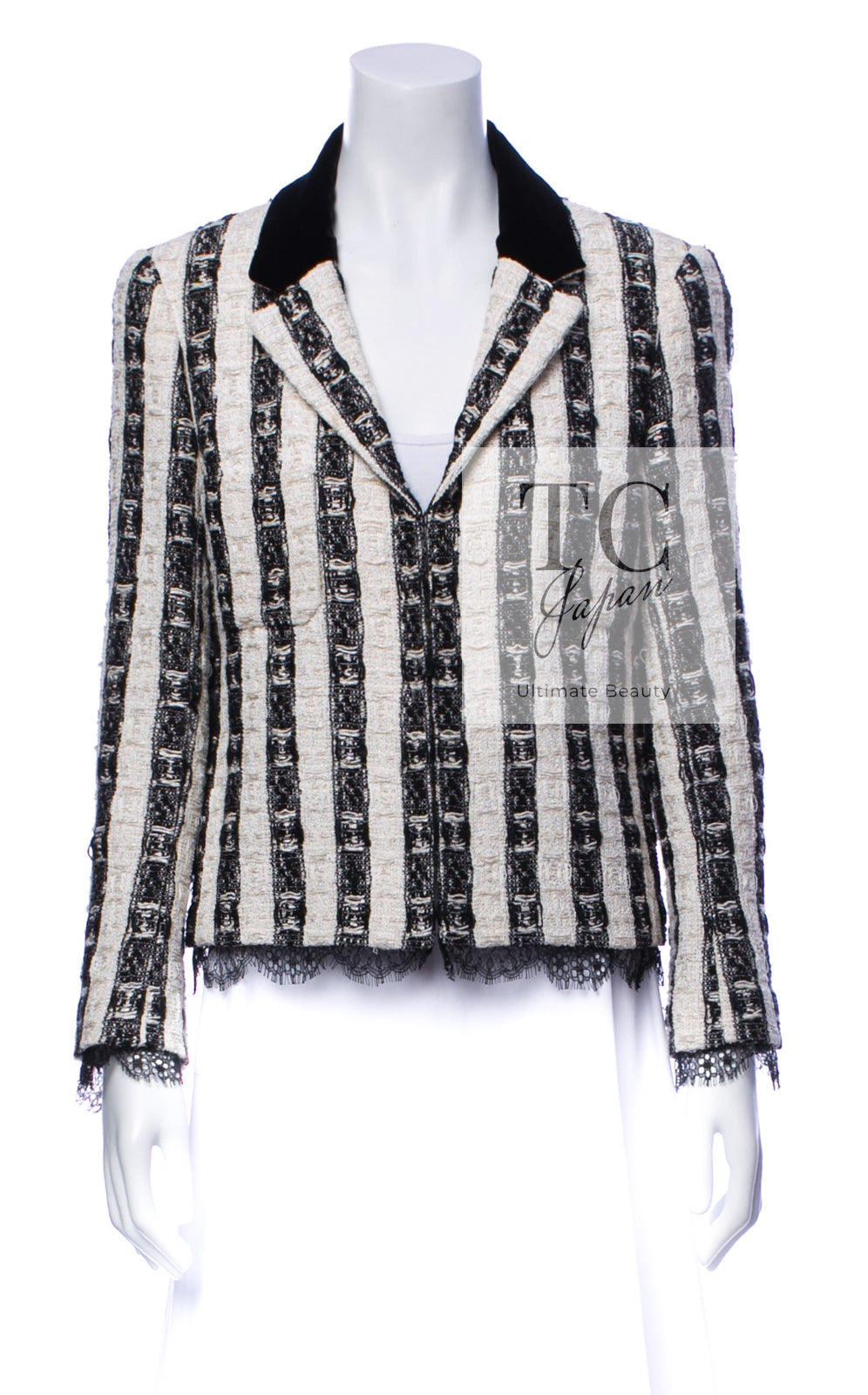 CHANEL 04A Black White Stripe Cotton Tweed Lace Jacket 38 シャネル ブラックストライプ コットン ツイード レース ジャケット 即発