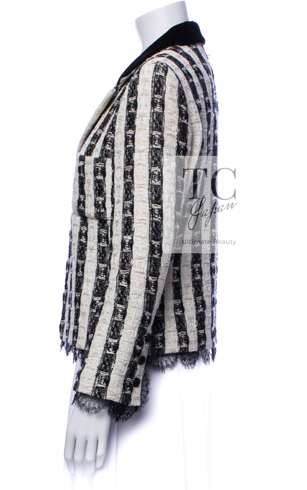 CHANEL 04A Black White Stripe Cotton Tweed Lace Jacket 38 シャネル ブラックストライプ コットン ツイード レース ジャケット 即発