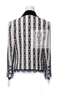 CHANEL 04A Black White Stripe Cotton Tweed Lace Jacket 38 シャネル ブラックストライプ コットン ツイード レース ジャケット 即発
