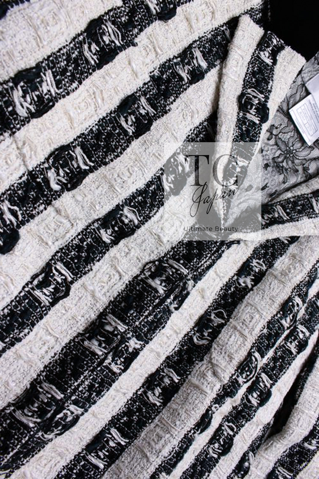 CHANEL 04A Black White Stripe Cotton Tweed Lace Jacket 38 シャネル ブラックストライプ コットン ツイード レース ジャケット 即発