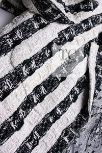 CHANEL 04A Black White Stripe Cotton Tweed Lace Jacket 38 シャネル ブラックストライプ コットン ツイード レース ジャケット 即発