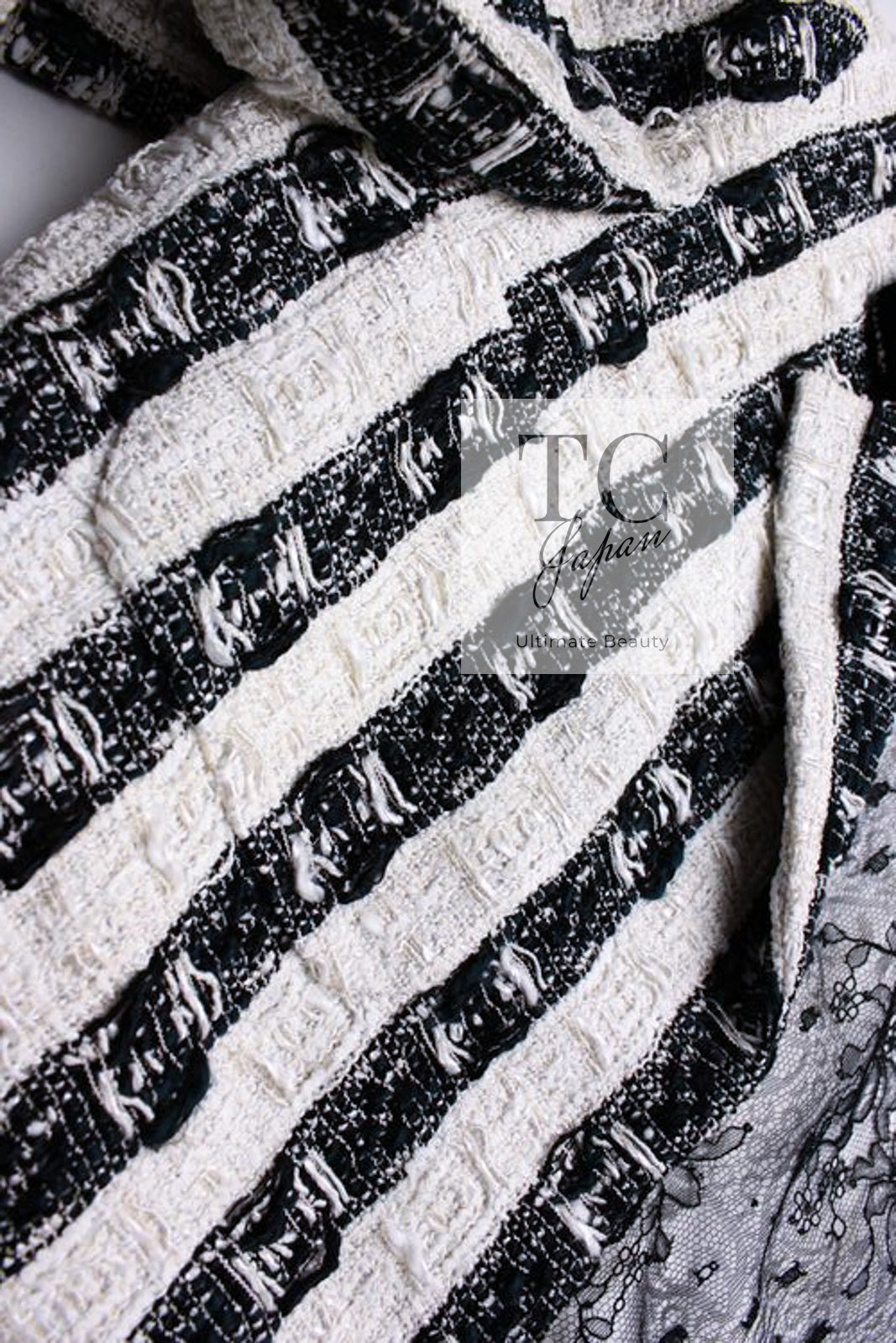CHANEL 04A Black White Stripe Cotton Tweed Lace Jacket 38 シャネル ブラックストライプ コットン ツイード レース ジャケット 即発