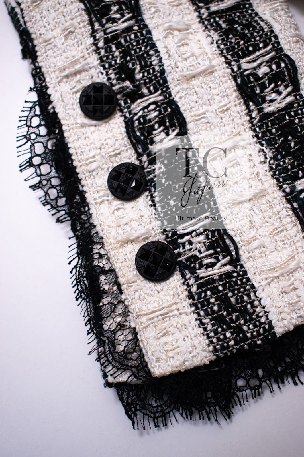 CHANEL 04A Black White Stripe Cotton Tweed Lace Jacket 38 シャネル ブラックストライプ コットン ツイード レース ジャケット 即発