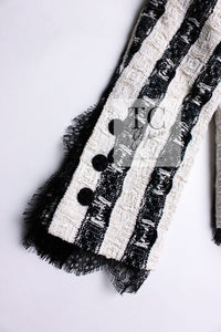 CHANEL 04A Black White Stripe Cotton Tweed Lace Jacket 38 シャネル ブラックストライプ コットン ツイード レース ジャケット 即発
