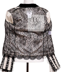 CHANEL 04A Black White Stripe Cotton Tweed Lace Jacket 38 シャネル ブラックストライプ コットン ツイード レース ジャケット 即発