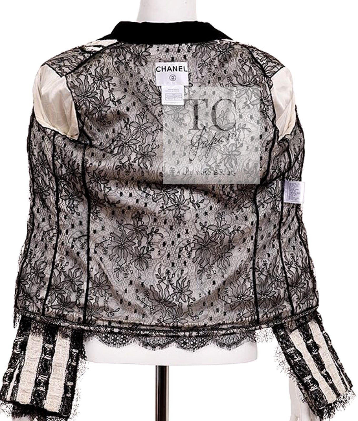 CHANEL 04A Black White Stripe Cotton Tweed Lace Jacket 38 シャネル ブラックストライプ コットン ツイード レース ジャケット 即発