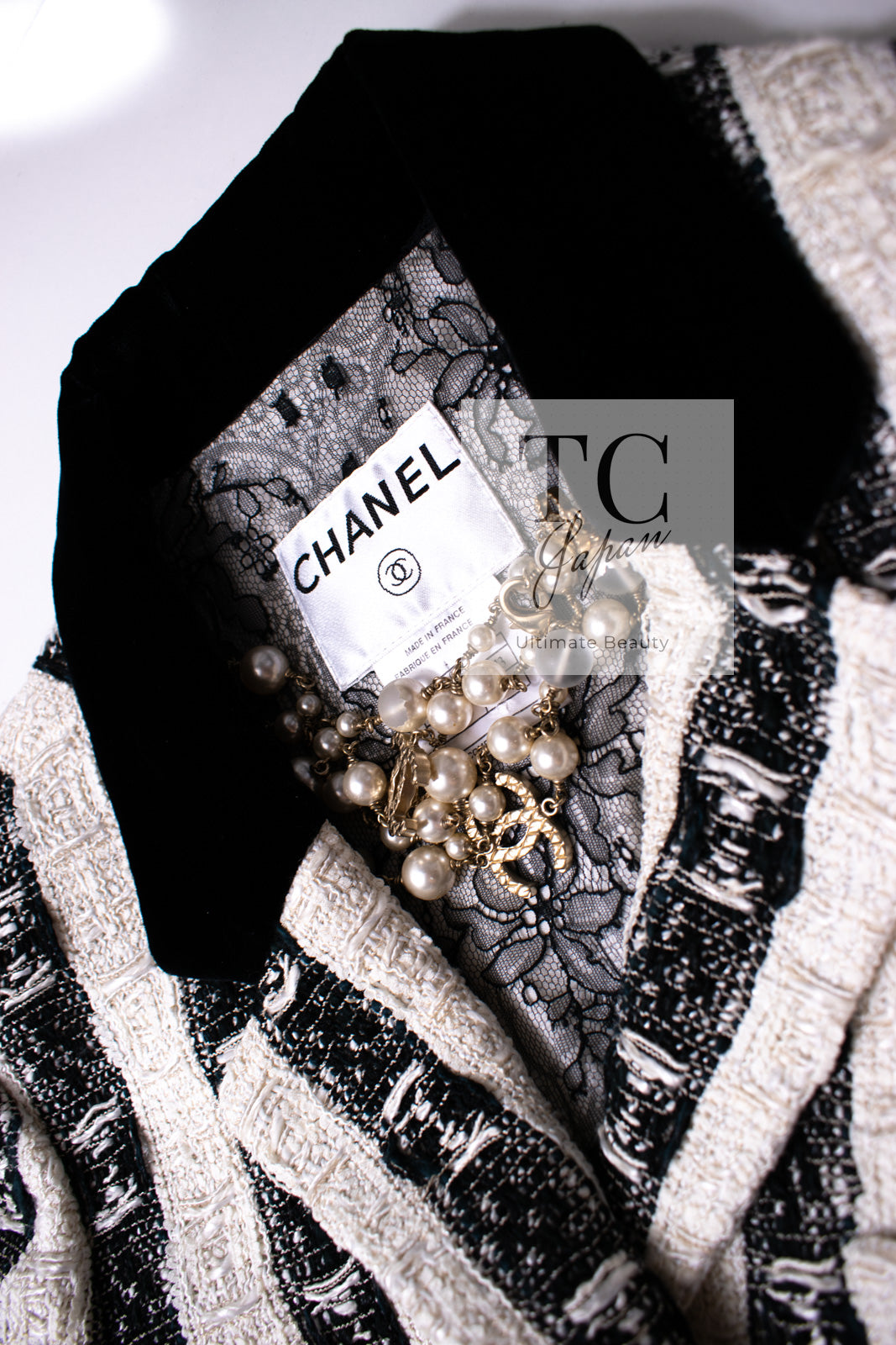 CHANEL 04A Black White Stripe Cotton Tweed Lace Jacket 38 シャネル ブラックストライプ コットン ツイード レース ジャケット 即発