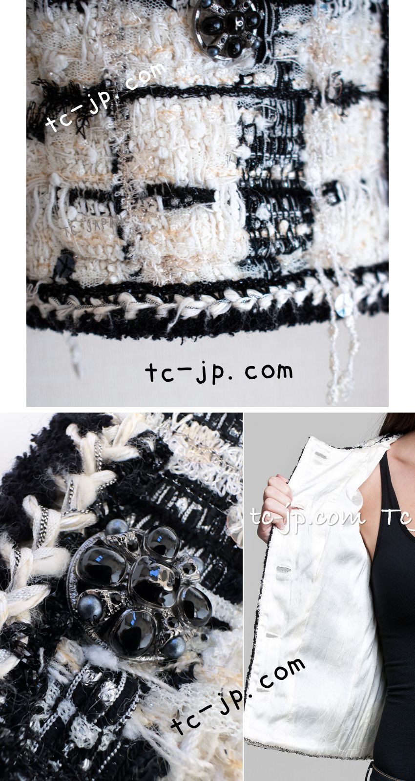 CHANEL 06PF Black Ivory Gripox Buttons Lesage Tweed Jacket 38 シャネル アイボリー ブラック グリポワ 宝石 ボタン ルサージュ ツイード ジャケット 即発