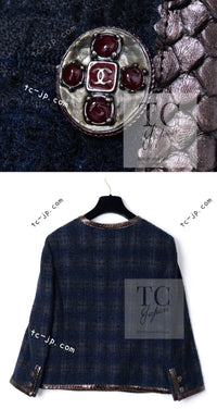 CHANEL 13PF Navy Gray Black Wool Alpaca Python Trim Jacket 38 シャネル ネイビー グレー ブラック ウール アルパカ パイソン トリミング ジャケット 即発