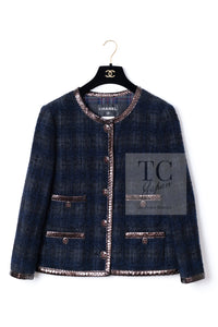 CHANEL 13PF Navy Gray Black Wool Alpaca Python Trim Jacket 38 シャネル ネイビー グレー ブラック ウール アルパカ パイソン トリミング ジャケット 即発