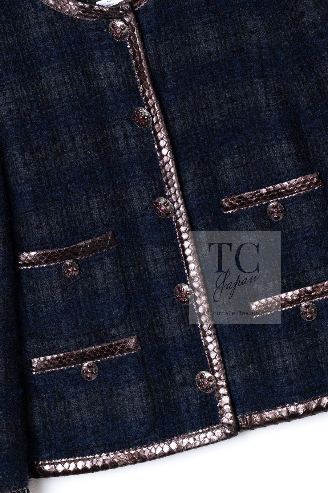CHANEL 13PF Navy Gray Black Wool Alpaca Python Trim Jacket 38 シャネル ネイビー グレー ブラック ウール アルパカ パイソン トリミング ジャケット 即発