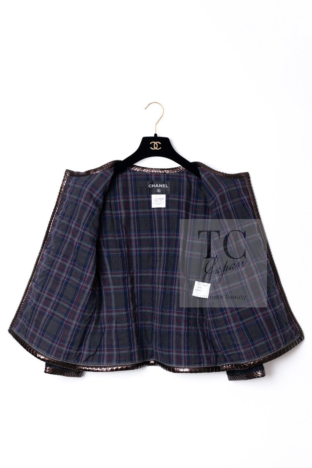CHANEL 13PF Navy Gray Black Wool Alpaca Python Trim Jacket 38 シャネル ネイビー グレー ブラック ウール アルパカ パイソン トリミング ジャケット 即発