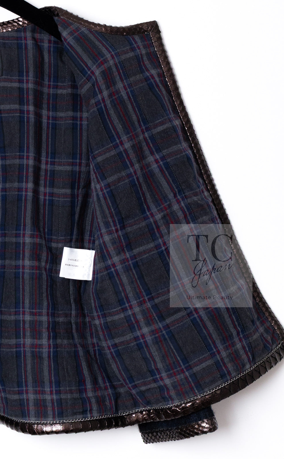 CHANEL 13PF Navy Gray Black Wool Alpaca Python Trim Jacket 38 シャネル ネイビー グレー ブラック ウール アルパカ パイソン トリミング ジャケット 即発
