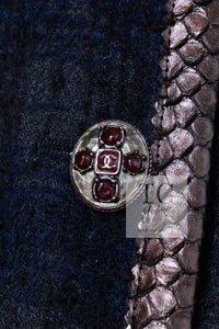 CHANEL 13PF Navy Gray Black Wool Alpaca Python Trim Jacket 38 シャネル ネイビー グレー ブラック ウール アルパカ パイソン トリミング ジャケット 即発