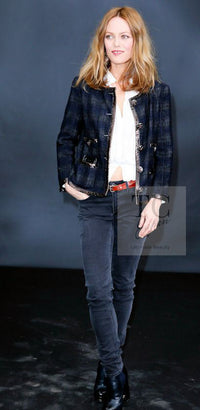 CHANEL 13PF Navy Gray Black Wool Alpaca Python Trim Jacket 38 シャネル ネイビー グレー ブラック ウール アルパカ パイソン トリミング ジャケット 即発