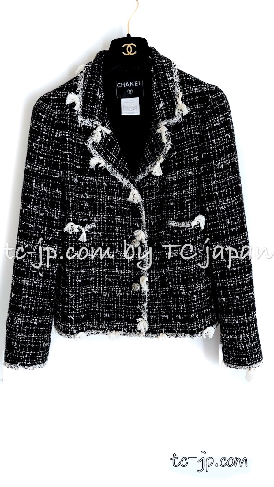 CHANEL 05C Black Creme Fringe Trimmed Tweed Jacket 36 38 シャネル ブラック クリーム フリンジトリミング ツイード ジャケット 即発