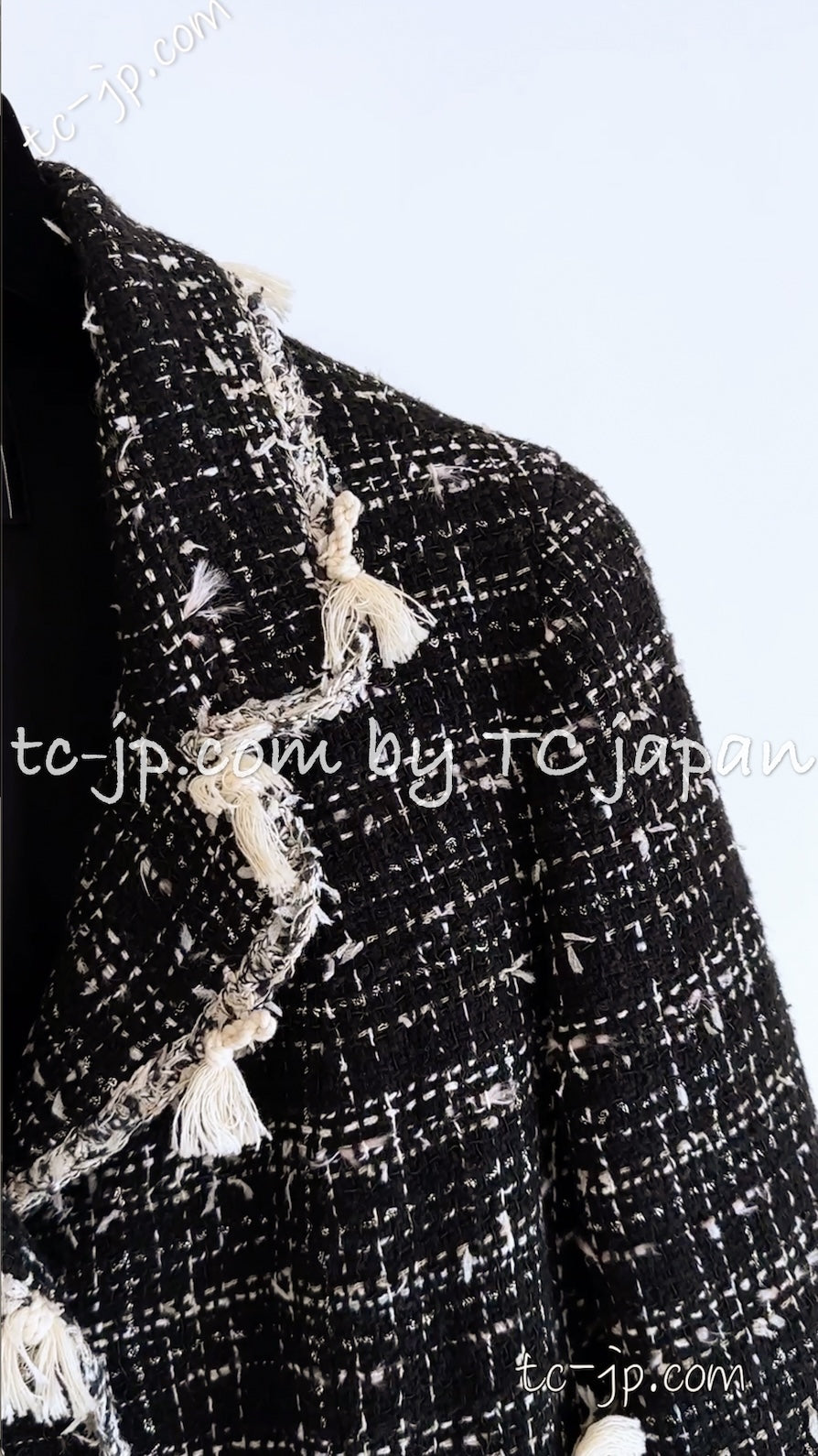 CHANEL 05C Black Creme Fringe Trimmed Tweed Jacket 36 38 シャネル ブラック クリーム フリンジトリミング ツイード ジャケット 即発