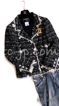 CHANEL 05C Black Creme Fringe Trimmed Tweed Jacket 36 38 シャネル ブラック クリーム フリンジトリミング ツイード ジャケット 即発