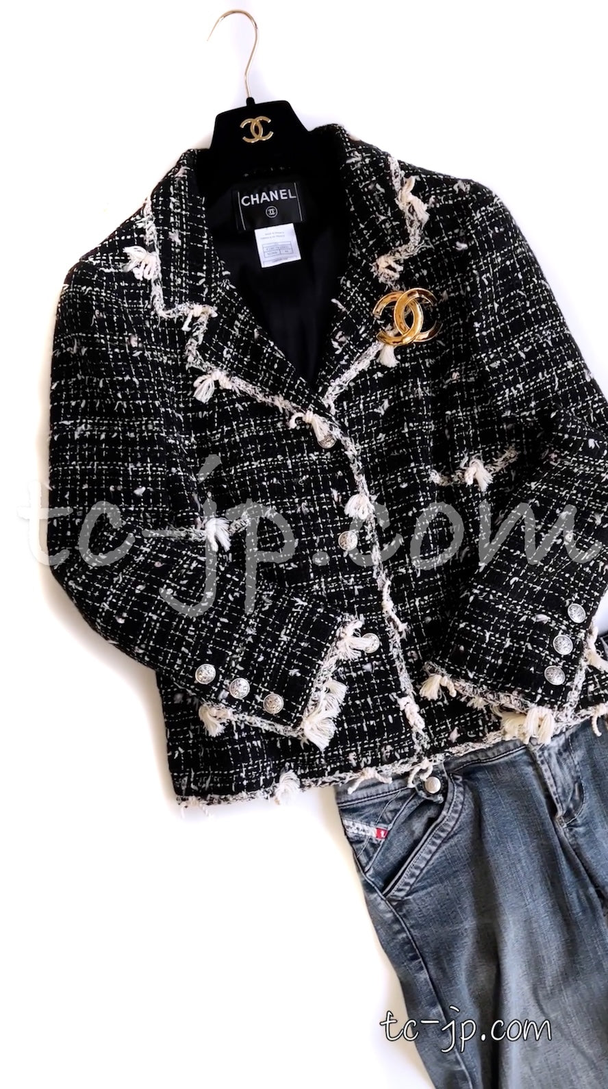 シャネル ジャケット CHANEL ブラック クリーム フリンジトリミング  