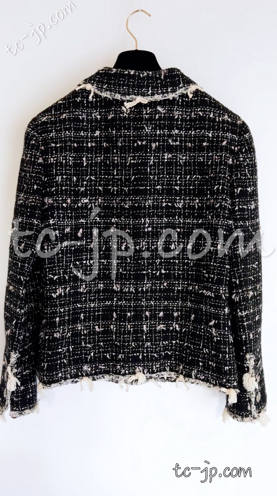 CHANEL 05C Black Creme Fringe Trimmed Tweed Jacket 36 38 シャネル ブラック クリーム フリンジトリミング ツイード ジャケット 即発