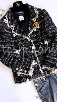 CHANEL 05C Black Creme Fringe Trimmed Tweed Jacket 36 38 シャネル ブラック クリーム フリンジトリミング ツイード ジャケット 即発