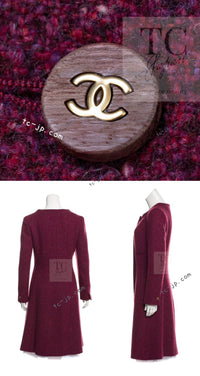 CHANEL 01A Vintage Bordeaux Wine Raspberry Red Cashmere Tweed Dress Coat 34 シャネル ヴィンテージ ボルドーワイン ラズベリー レッド カシミヤ ツイード ワンピース コート 即発