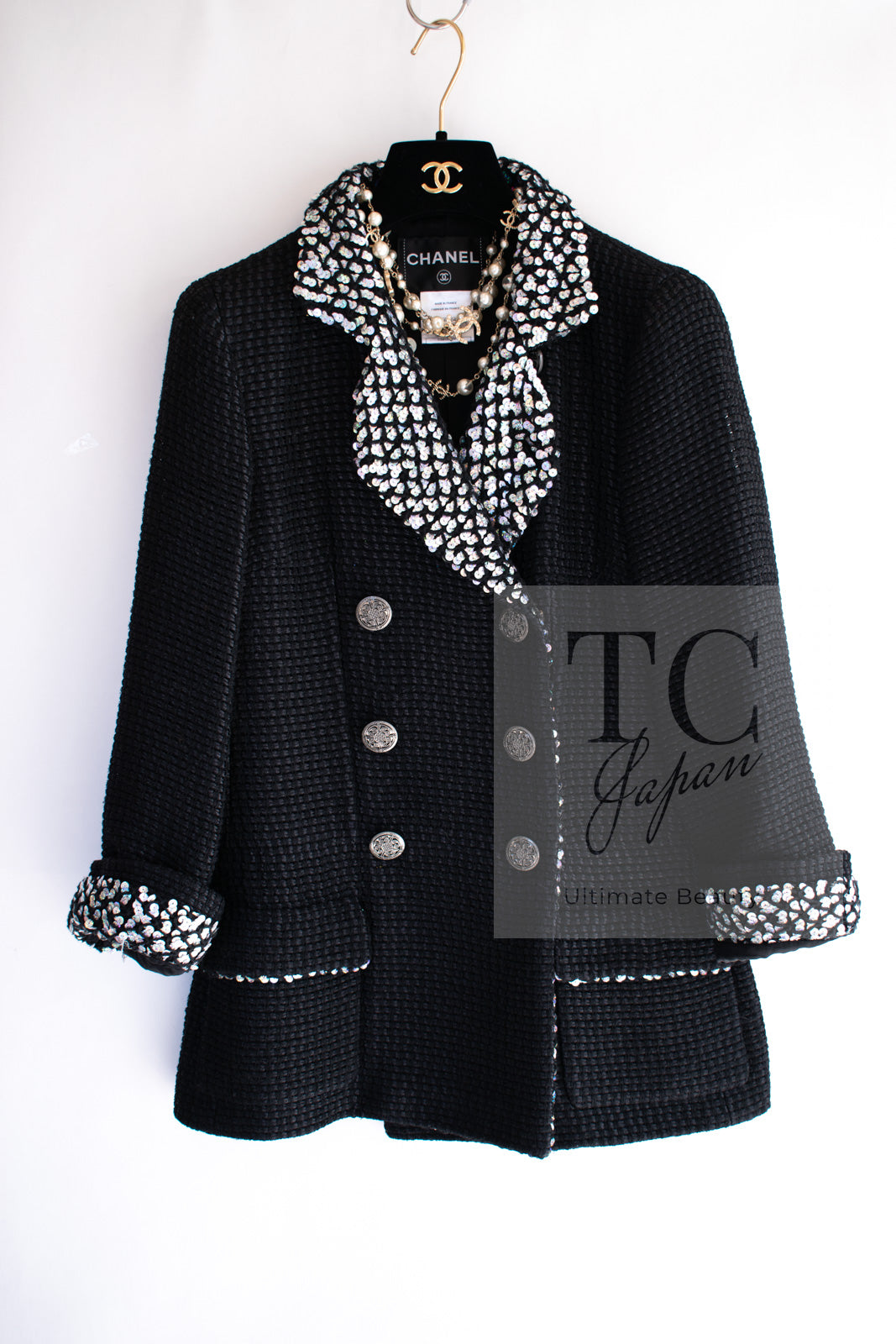 CHANEL 10PF Black Silk Wool Sequin Embellished Trim Tweed Double Jacket 38 シャネル ブラック シルク ウール スパンコール ツイード ダブル ジャケット 即発