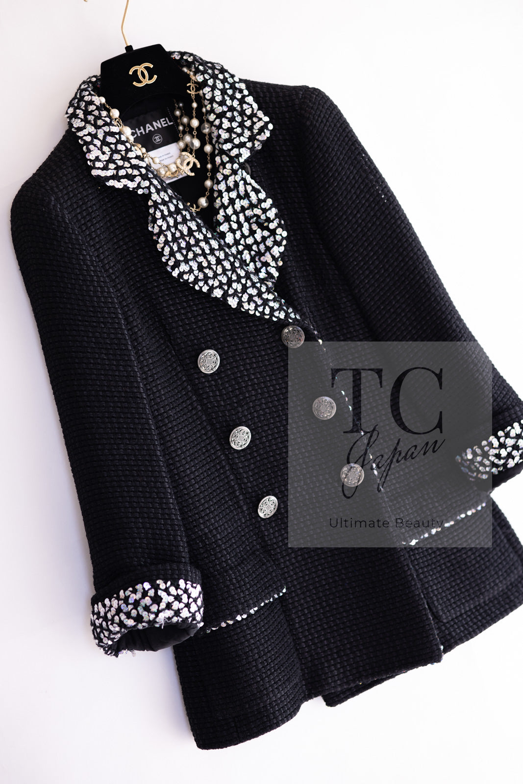 CHANEL 10PF Black Silk Wool Sequin Embellished Trim Tweed Double Jacket 38 シャネル ブラック シルク ウール スパンコール ツイード ダブル ジャケット 即発