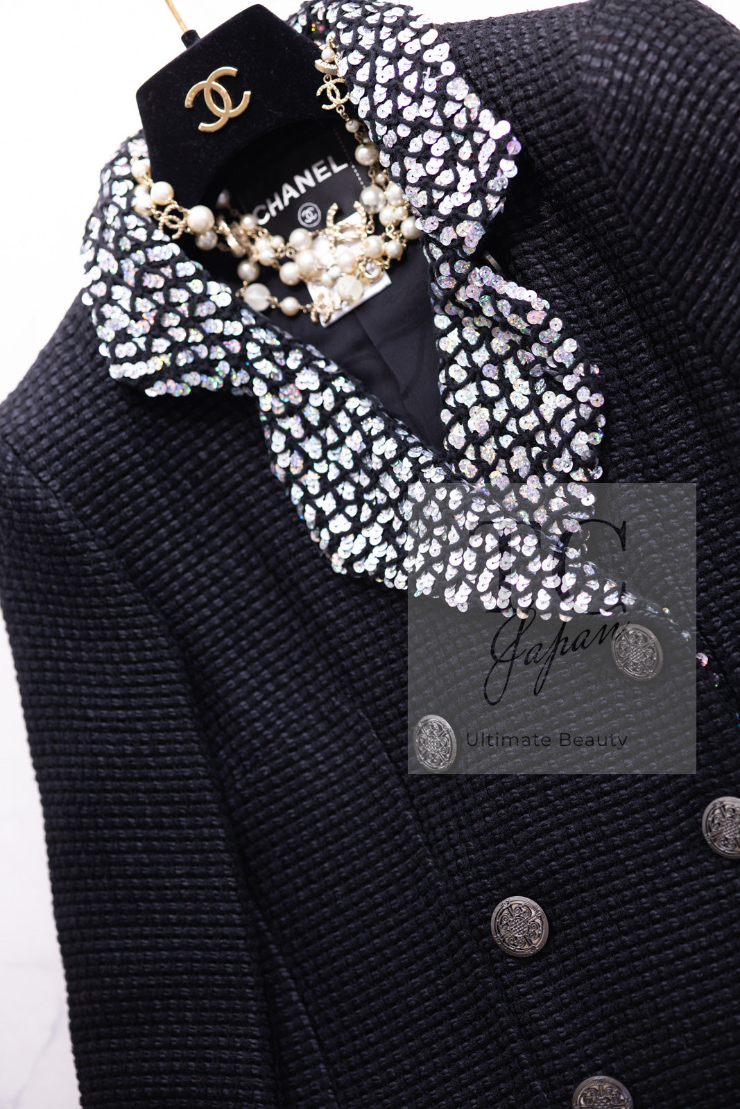 CHANEL 10PF Black Silk Wool Sequin Embellished Trim Tweed Double Jacket 38 シャネル ブラック シルク ウール スパンコール ツイード ダブル ジャケット 即発