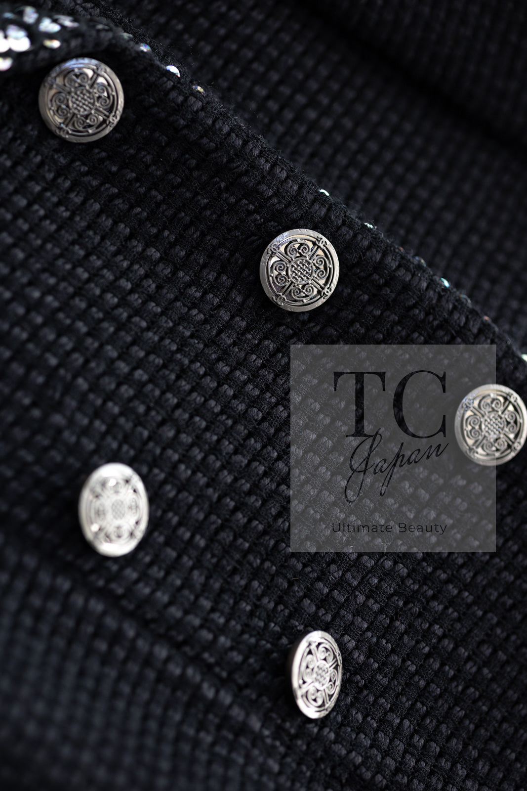 CHANEL 10PF Black Silk Wool Sequin Embellished Trim Tweed Double Jacket 38 シャネル ブラック シルク ウール スパンコール ツイード ダブル ジャケット 即発