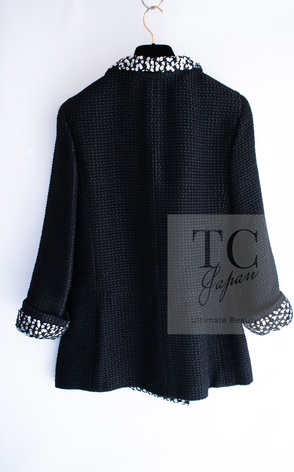 CHANEL 10PF Black Silk Wool Sequin Embellished Trim Tweed Double Jacket 38 シャネル ブラック シルク ウール スパンコール ツイード ダブル ジャケット 即発