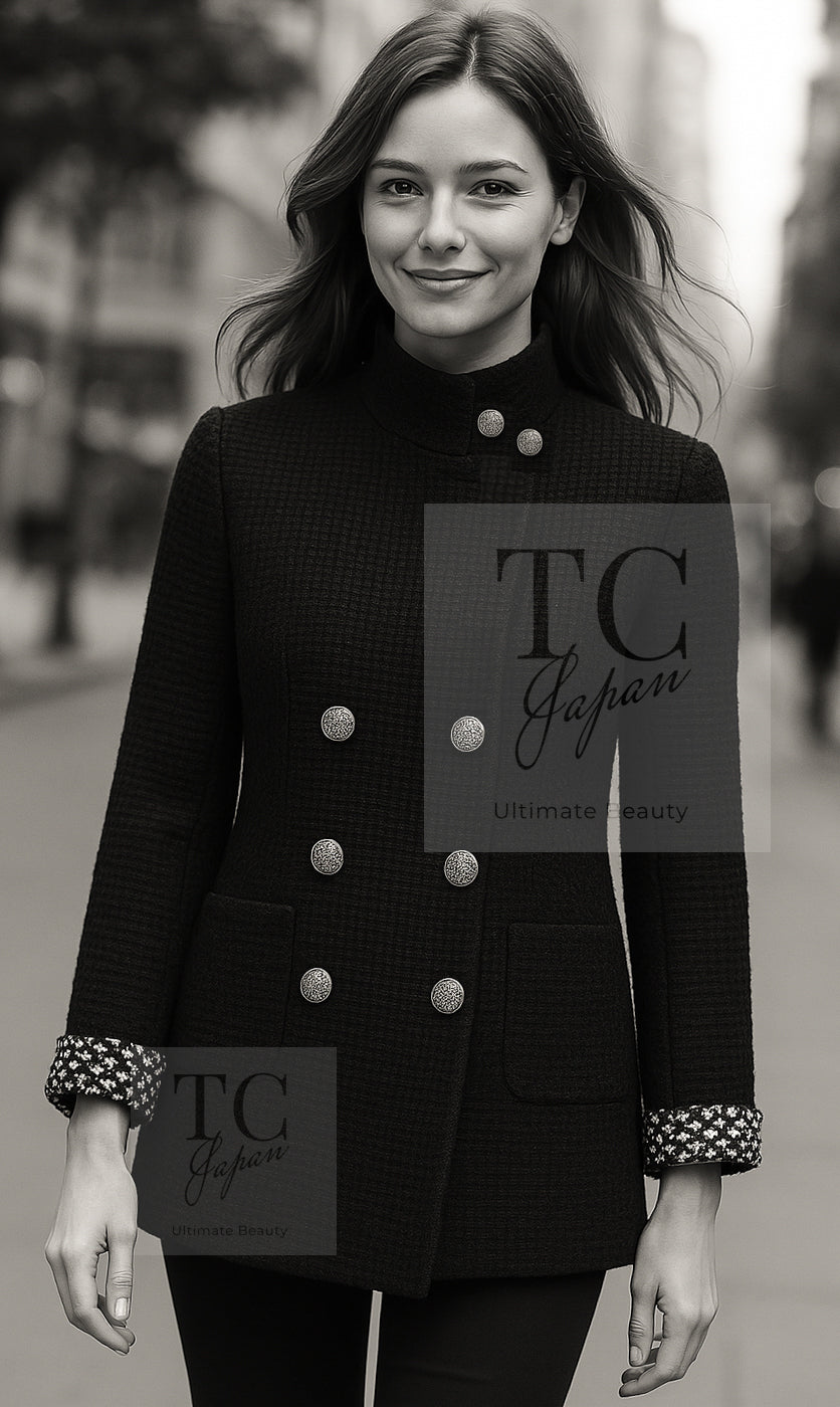 CHANEL 10PF Black Silk Wool Sequin Embellished Trim Tweed Double Jacket 38 シャネル ブラック シルク ウール スパンコール ツイード ダブル ジャケット 即発