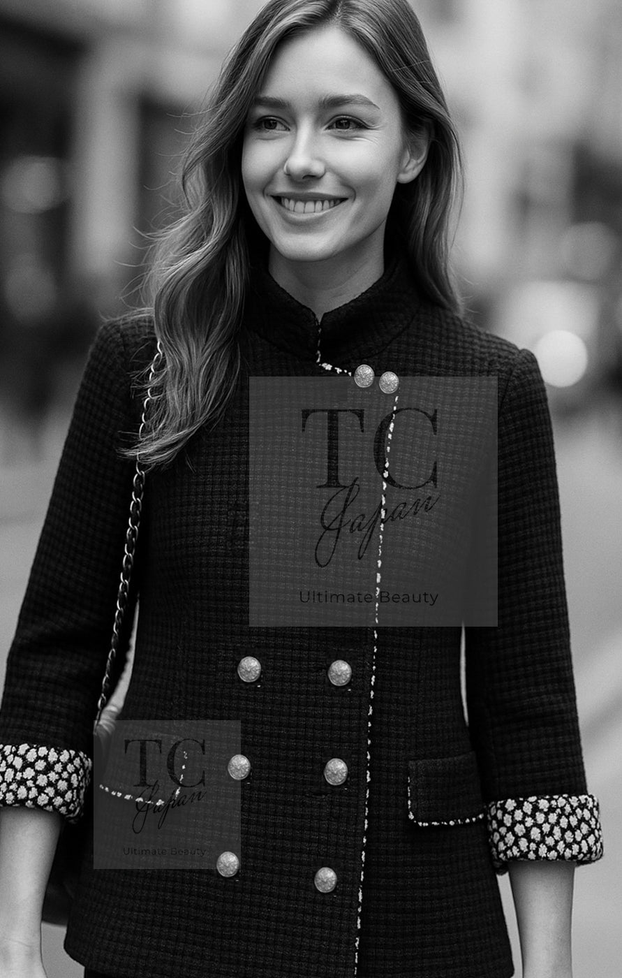 CHANEL 10PF Black Silk Wool Sequin Embellished Trim Tweed Double Jacket 38 シャネル ブラック シルク ウール スパンコール ツイード ダブル ジャケット 即発