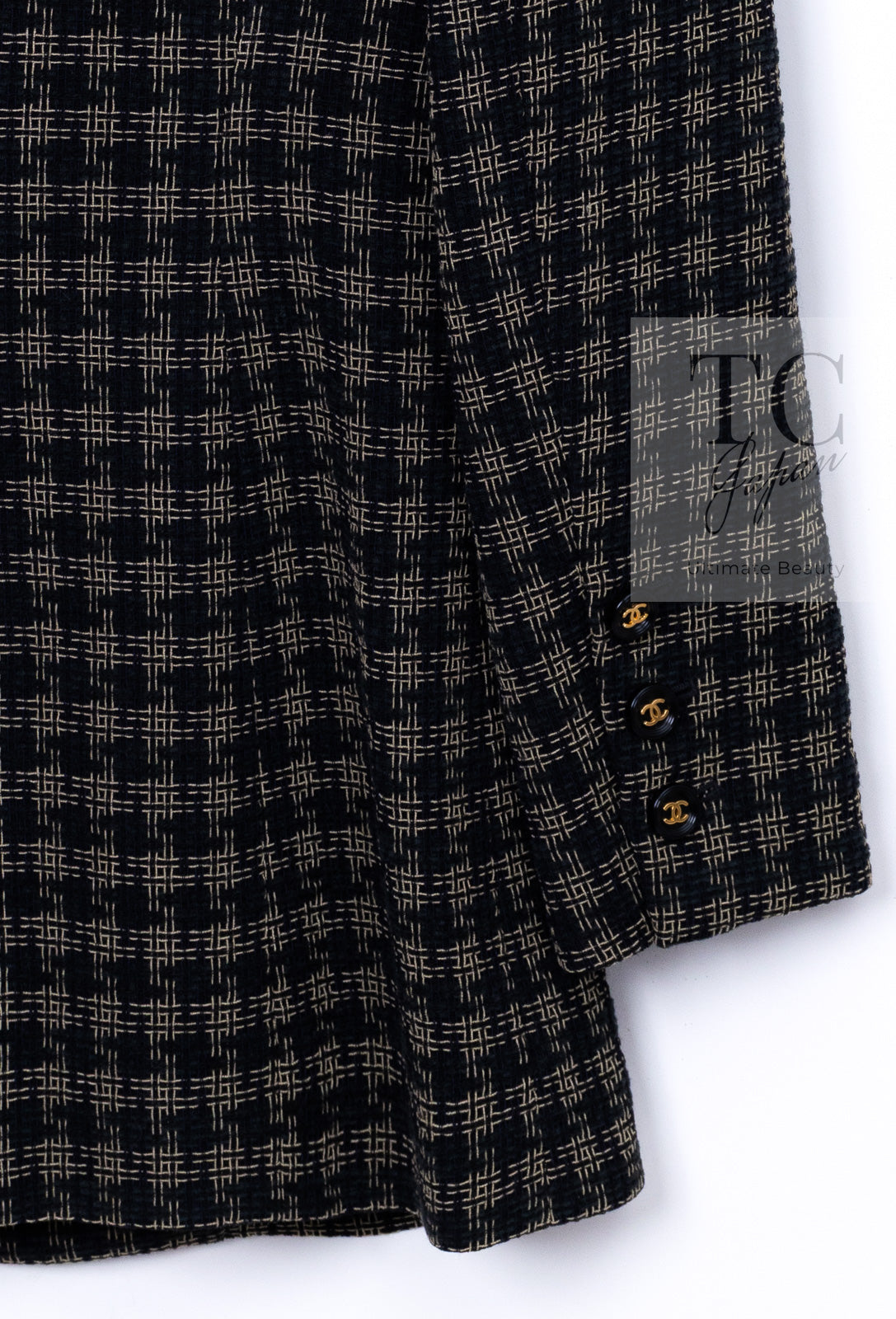 CHANEL 95A Vintage Black Beige Check Wool Tape Ribbon Tweed Jacket CC Button 36 38 シャネル ヴィンテージ ブラック ベージュ チェック 千鳥格子 柄 ウール テープ リボン ツイード ジャケット CCボタン 即発