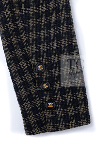 CHANEL 95A Vintage Black Beige Check Wool Tape Ribbon Tweed Jacket CC Button 36 38 シャネル ヴィンテージ ブラック ベージュ チェック 千鳥格子 柄 ウール テープ リボン ツイード ジャケット CCボタン 即発