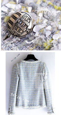 CHANEL 09S Light Gray Mint Cotton Wool Tweed Jacket 36 シャネル ライト グレー ミント コットン ウール ツイード ジャケット 即発