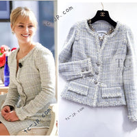 CHANEL 09S Light Gray Mint Cotton Wool Tweed Jacket 36 シャネル ライト グレー ミント コットン ウール ツイード ジャケット 即発