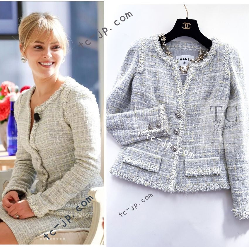 CHANEL 09S Light Gray Mint Cotton Wool Tweed Jacket 36 シャネル ライト グレー ミント コットン ウール ツイード ジャケット 即発