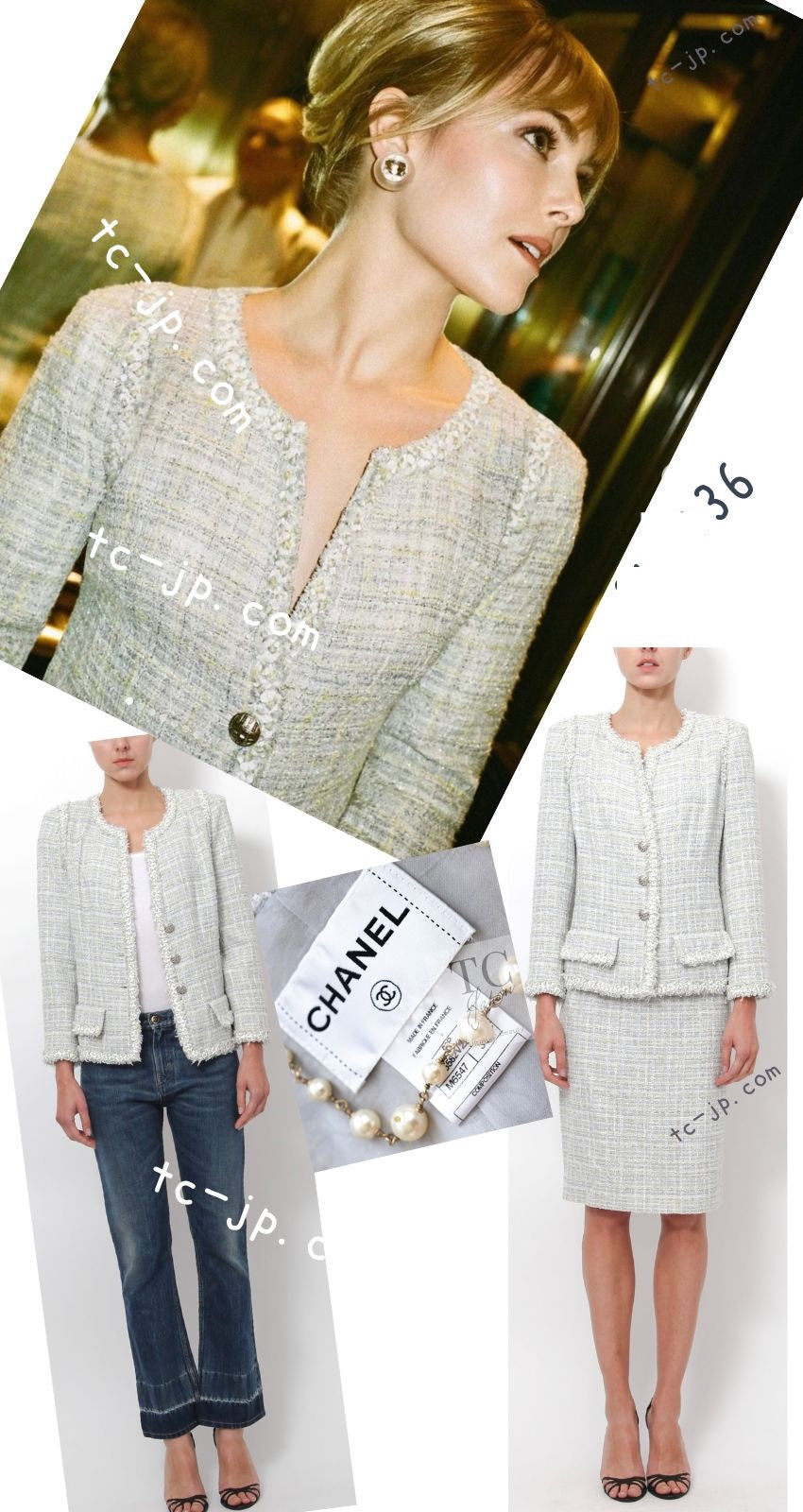 CHANEL 09S Light Gray Mint Cotton Wool Tweed Jacket 36 シャネル ライト グレー ミント コットン ウール ツイード ジャケット 即発