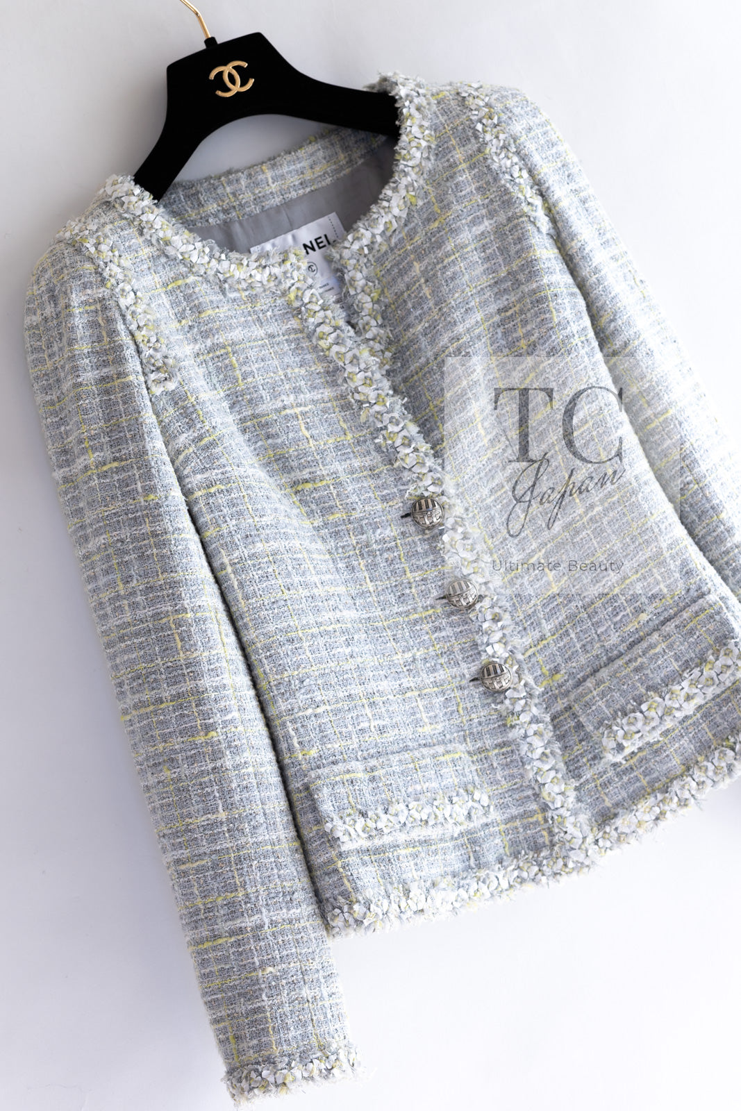 CHANEL 09S Light Gray Mint Cotton Wool Tweed Jacket 36 シャネル ライト グレー ミント コットン ウール ツイード ジャケット 即発